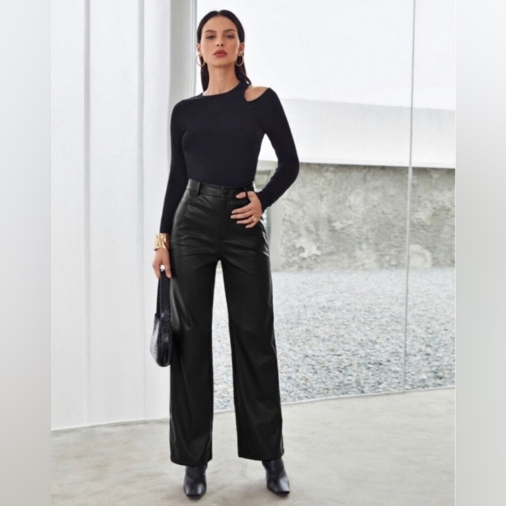 Black leather look high rise wide leg trouser pants